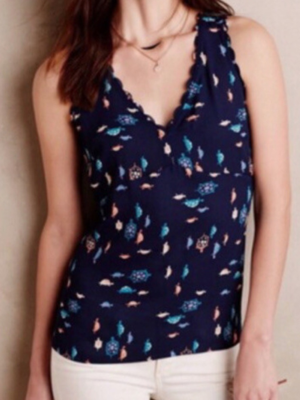 Maeve Anthropologie Terrapin Turtle Sleeveless Scalloped V-Neck Resort Coastal